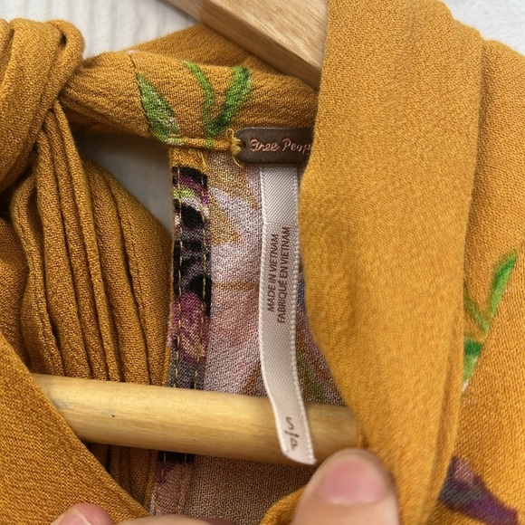 Free People - Gemma Mustard Floral Pattern Long Sleeve Tie Neck Dress Size Small - Picture 9 of 11